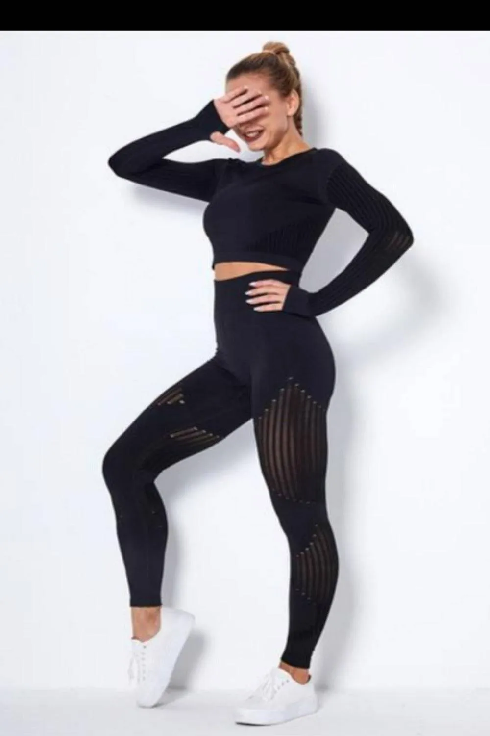Tummy Control High Waist Seamless  Top And Leggings 2 Piece Set - Black