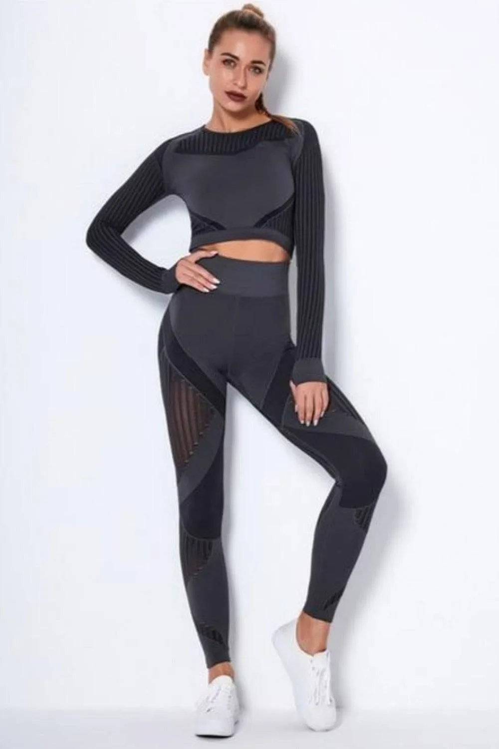 Tummy Control High Waist Seamless  Top And Leggings 2 Piece Set - Black