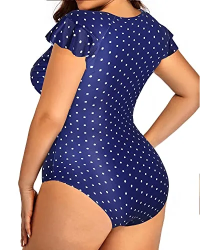 Tummy Control Plus Size One Piece Rash Guard Swimsuit For Women-Navy Blue Polka Dot