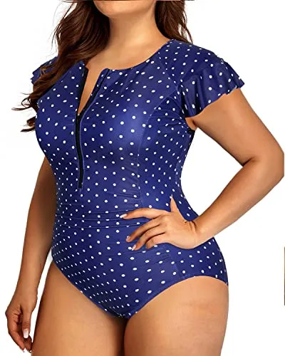Tummy Control Plus Size One Piece Rash Guard Swimsuit For Women-Navy Blue Polka Dot