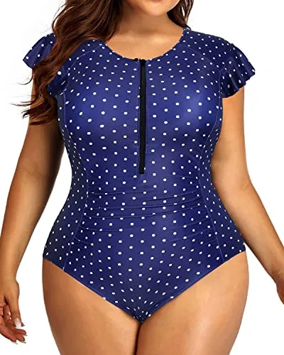 Tummy Control Plus Size One Piece Rash Guard Swimsuit For Women-Navy Blue Polka Dot