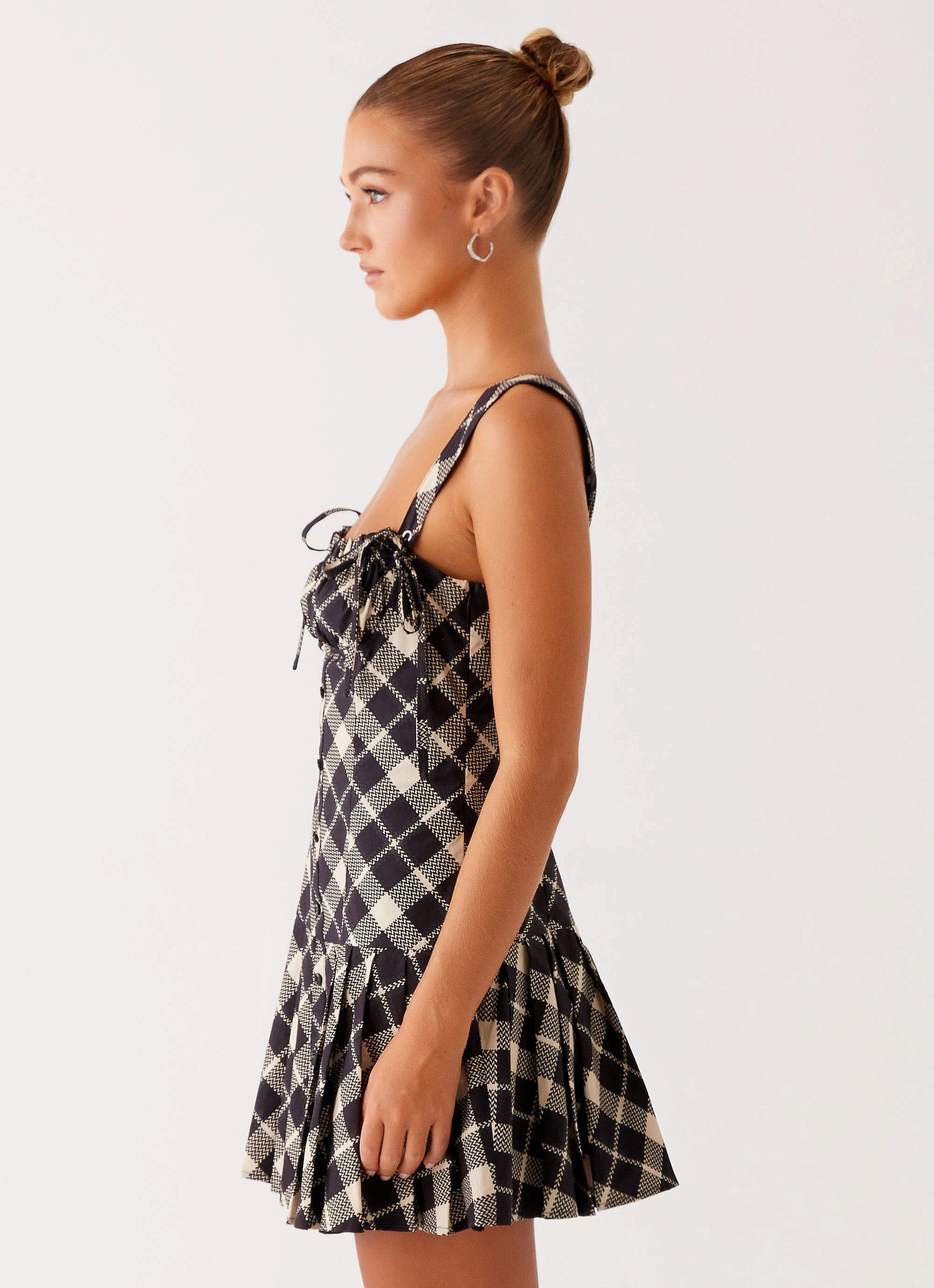 Tuni Mini Dress - Taupe Check Functional Style Bodycon-Fit