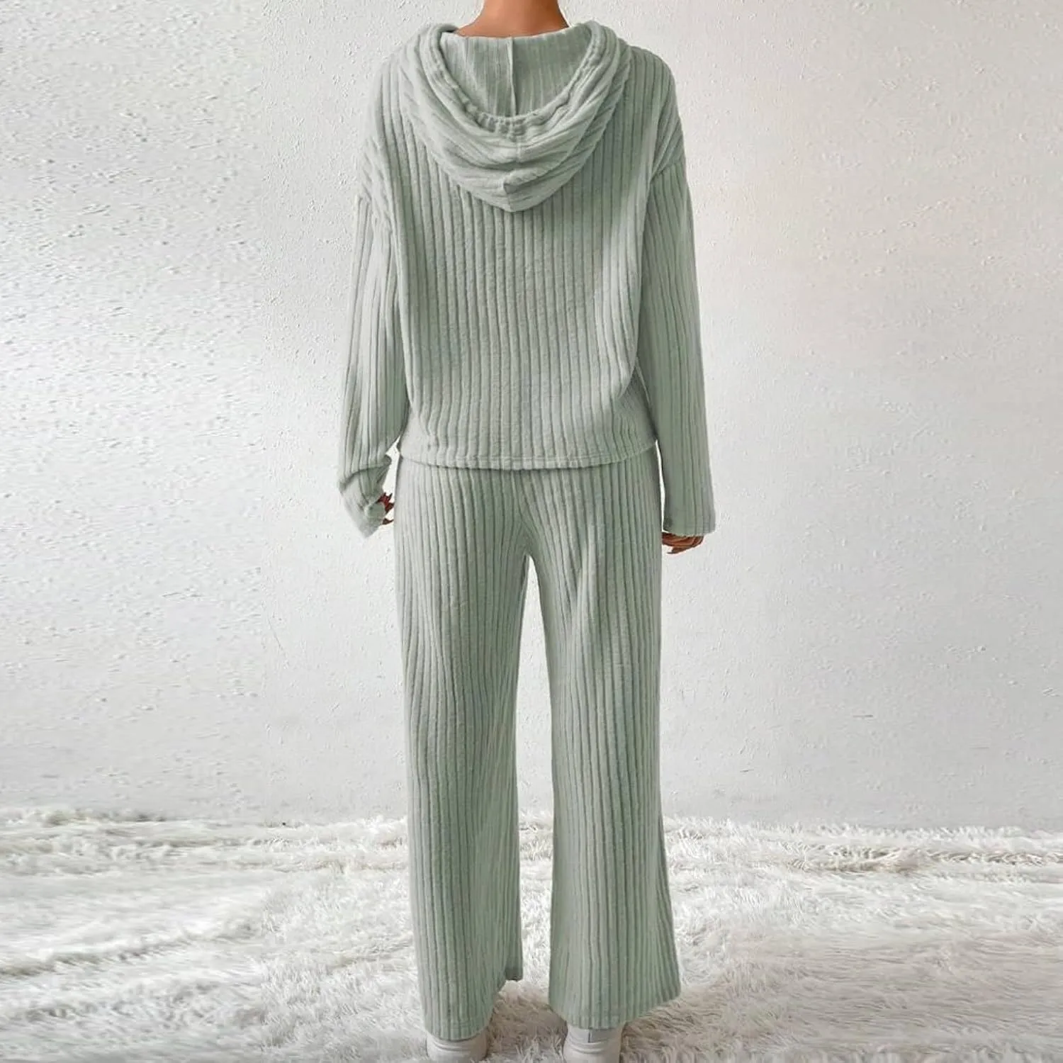 Two Piece Loungewear Sets for Women Soft Knit Solid Sweatsuit Casual Hoodies and Wid Leg Trousers Lounge Outfits