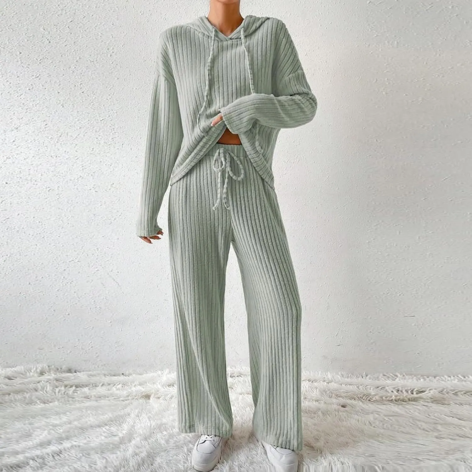Two Piece Loungewear Sets for Women Soft Knit Solid Sweatsuit Casual Hoodies and Wid Leg Trousers Lounge Outfits