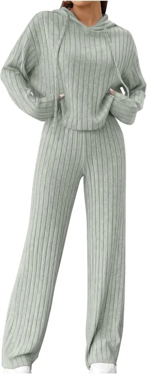 Two Piece Loungewear Sets for Women Soft Knit Solid Sweatsuit Casual Hoodies and Wid Leg Trousers Lounge Outfits