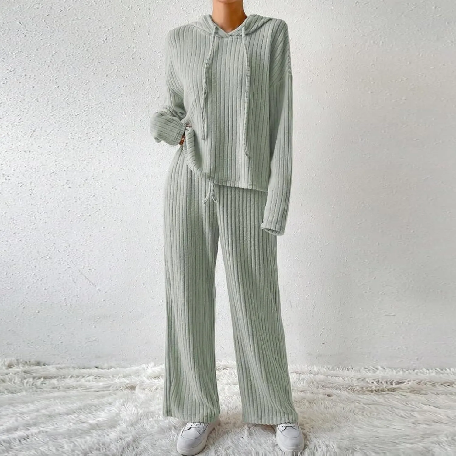Two Piece Loungewear Sets for Women Soft Knit Solid Sweatsuit Casual Hoodies and Wid Leg Trousers Lounge Outfits