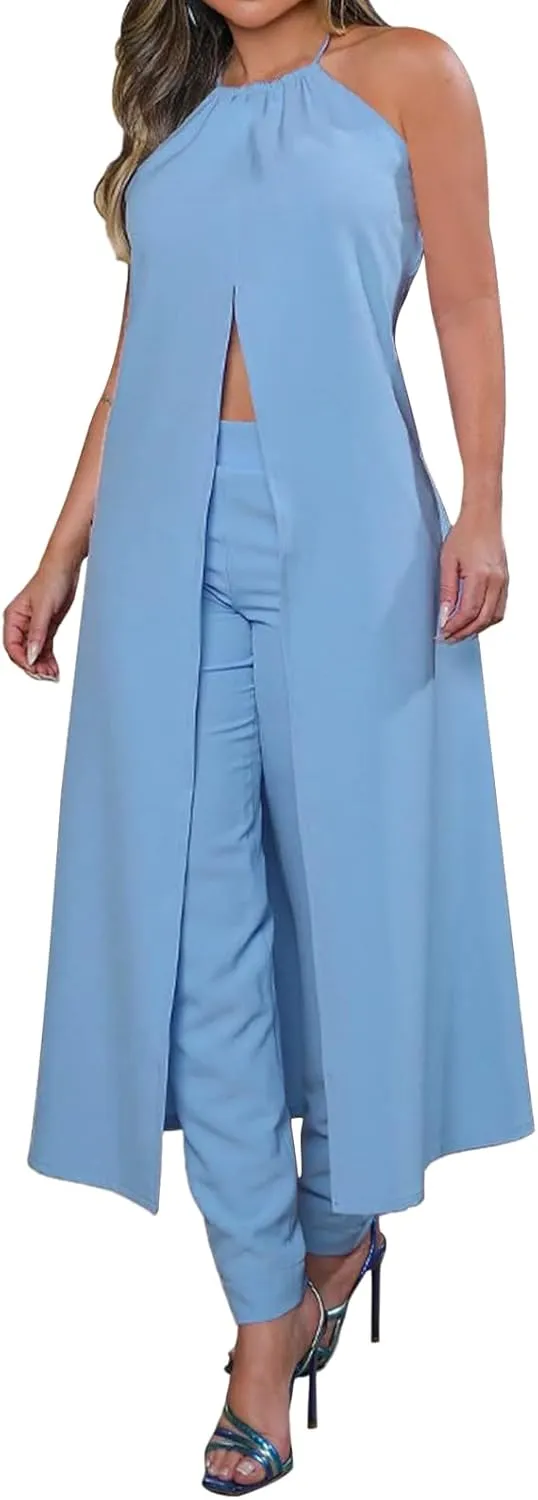 Two Piece Set for Women Halter Neck Sleeveless Backless Tops High Waist Trousers Set Fashion Lounge Outfit 2025