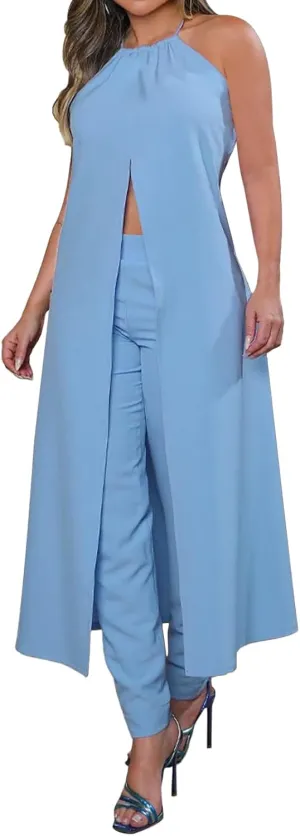 Two Piece Set for Women Halter Neck Sleeveless Backless Tops High Waist Trousers Set Fashion Lounge Outfit 2025