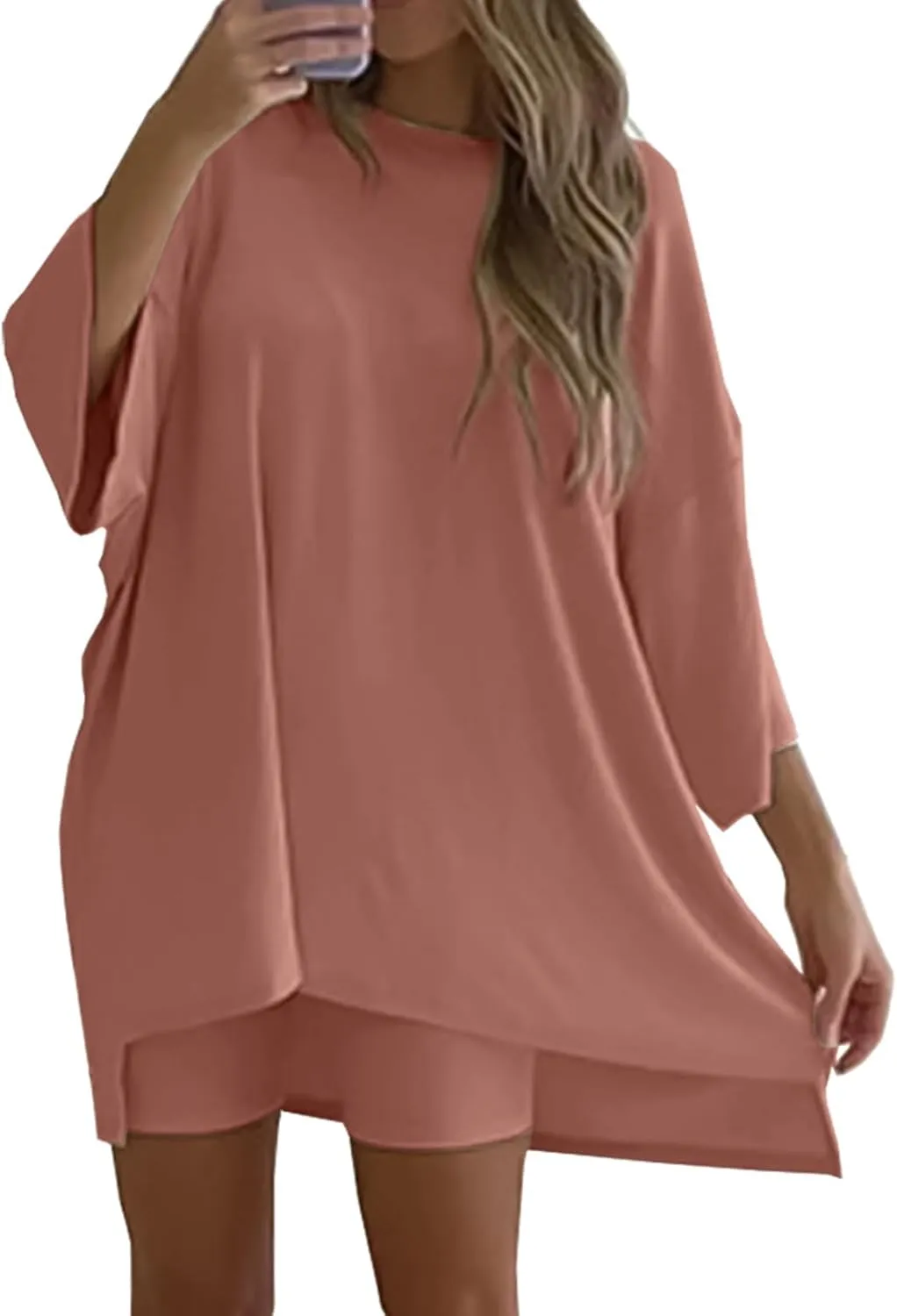 Two Piece Set for Women Matching Oversized Tops&Biker Shorts Set Loose Fit Outfit Summer Vacation Outfit 2025