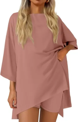 Two Piece Set for Women Matching Oversized Tops&Biker Shorts Set Loose Fit Outfit Summer Vacation Outfit 2025