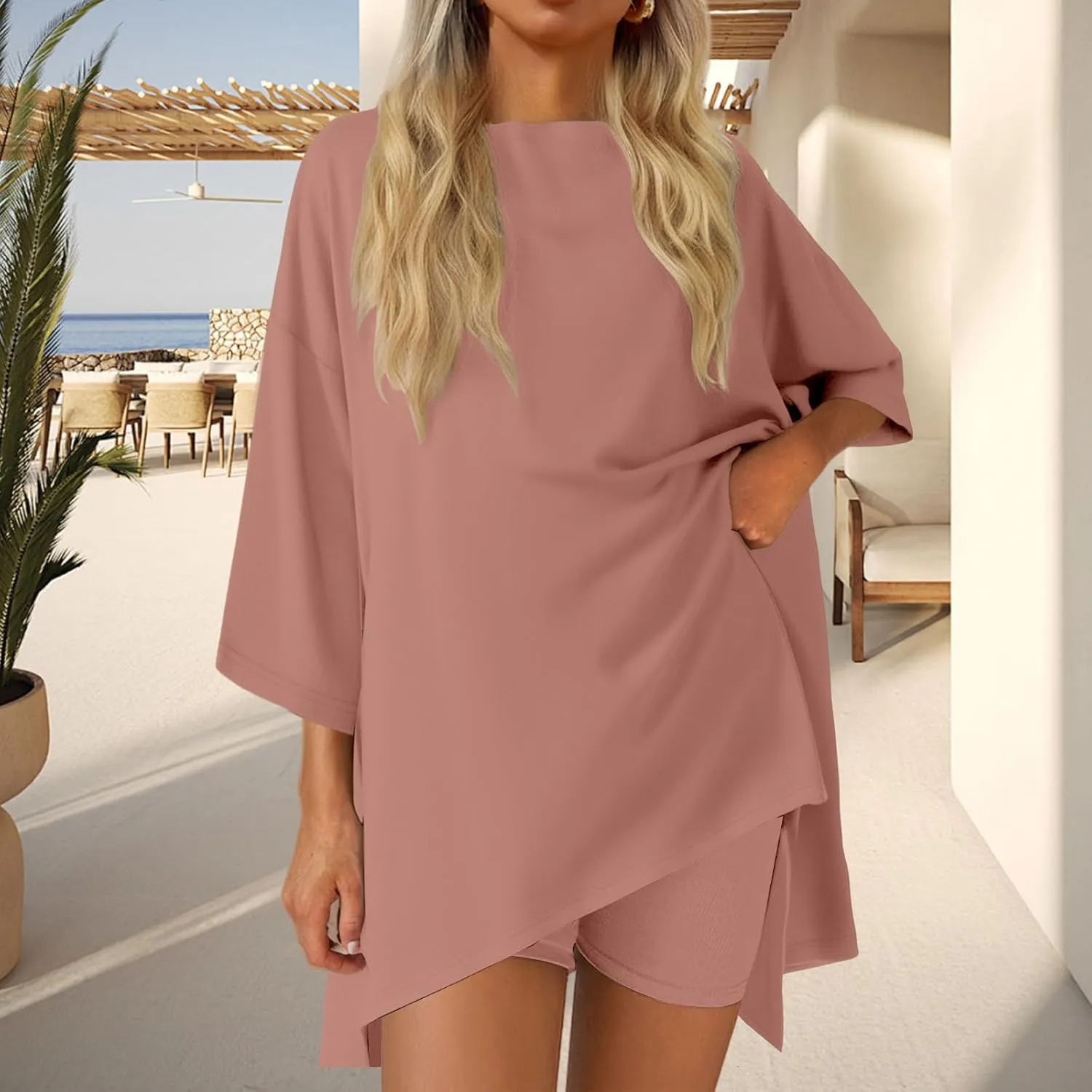 Two Piece Set for Women Matching Oversized Tops&Biker Shorts Set Loose Fit Outfit Summer Vacation Outfit 2025