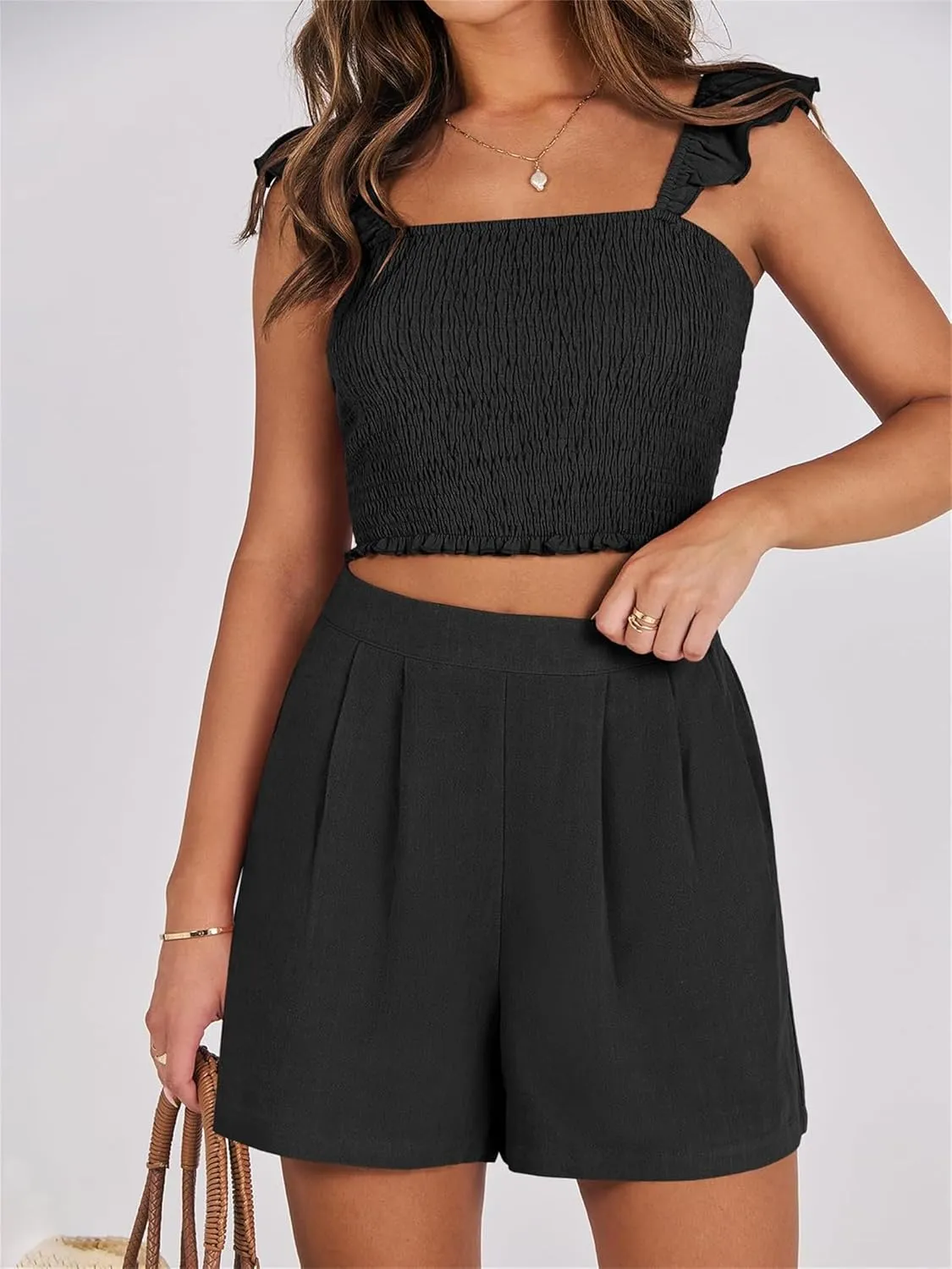Two Piece Set for Women Summer Ruffle Sleeveless Tank Tops and Loose Fit Shorts Set Fashion Lounge Outfits 2025