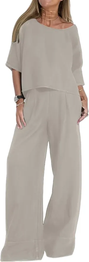 Two Piece Set Loose Fit Outfit Matching Short Sleeve Scoop Neck Tops and Wide Leg Pants Set Lounge Outfit 2025