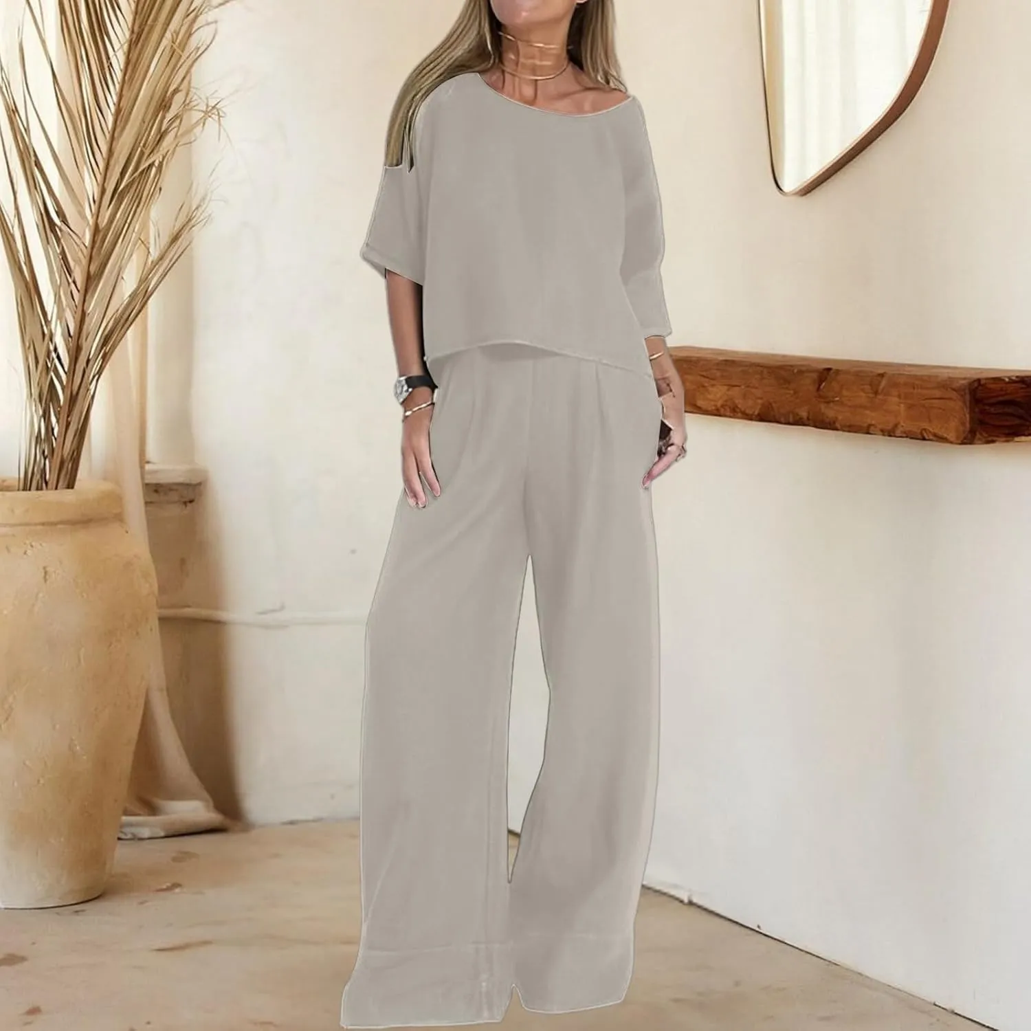 Two Piece Set Loose Fit Outfit Matching Short Sleeve Scoop Neck Tops and Wide Leg Pants Set Lounge Outfit 2025