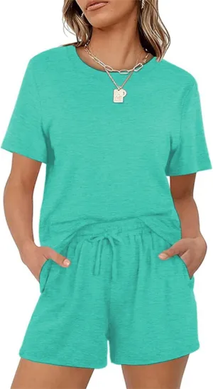 Two Piece Summer Outfits 2 Piece Lounge Sets Casual Loose Fit Short Sleeve Top and Drawstring Shorts Loungewear