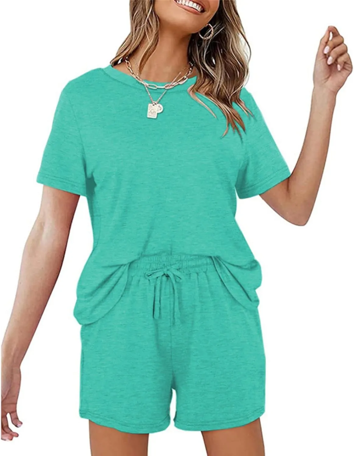 Two Piece Summer Outfits 2 Piece Lounge Sets Casual Loose Fit Short Sleeve Top and Drawstring Shorts Loungewear