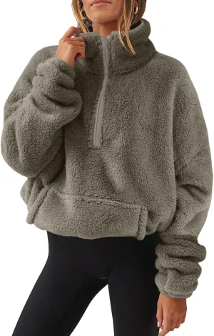Uillui Womens Half Zip Sherpa Fleece Pullover Oversized Sweatshirt Loose Casual Cropped Sherpa Jacket Fluffy Fuzzy Sweaters