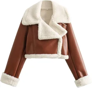 Uillui Womens Winter Faux Leather Jacket Motorcycle Short Sherpa-Lined Coat Thick Shearing Fur Lined Cropped Bomber Jacket