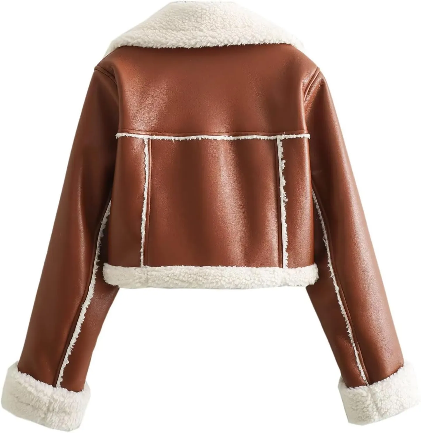 Uillui Womens Winter Faux Leather Jacket Motorcycle Short Sherpa-Lined Coat Thick Shearing Fur Lined Cropped Bomber Jacket