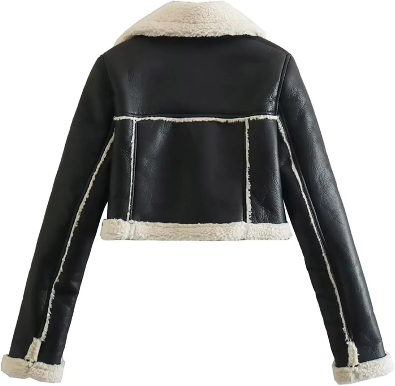 Uillui Womens Winter Jacket Short Sherpa-Lined Leather Motor Coat Cropped Zipper Biker Jacket Warm Fur Shearling Bomber Coat