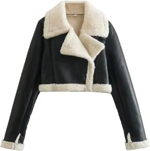Uillui Womens Winter Jacket Short Sherpa-Lined Leather Motor Coat Cropped Zipper Biker Jacket Warm Fur Shearling Bomber Coat