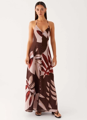 Autumn Linen Maxi Dress - Cinnamon Palm Fall Comfort Silky Shape