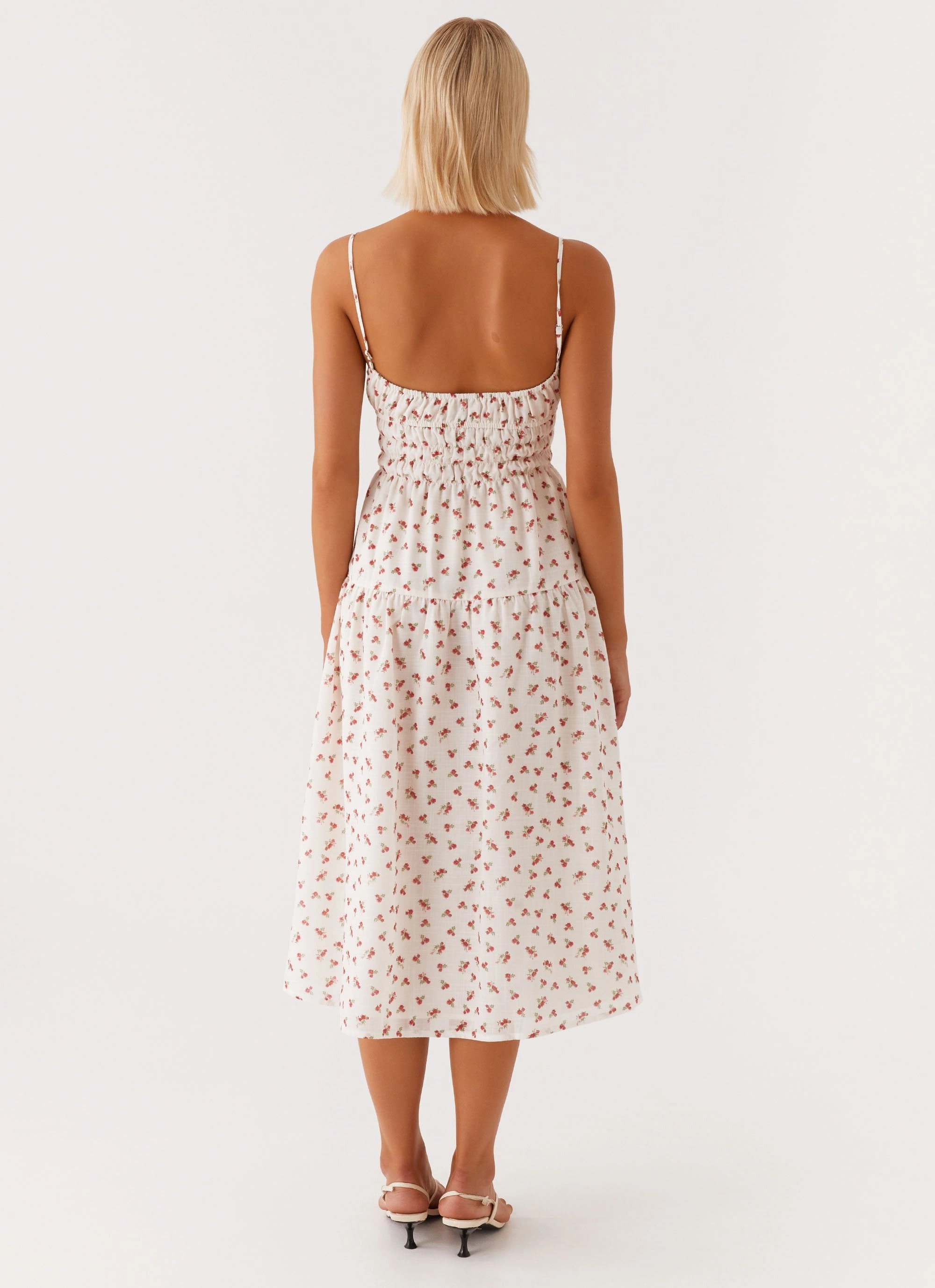 Arla Midi Dress - Red Ditsy Floral Smooth Drape Sunset Scene