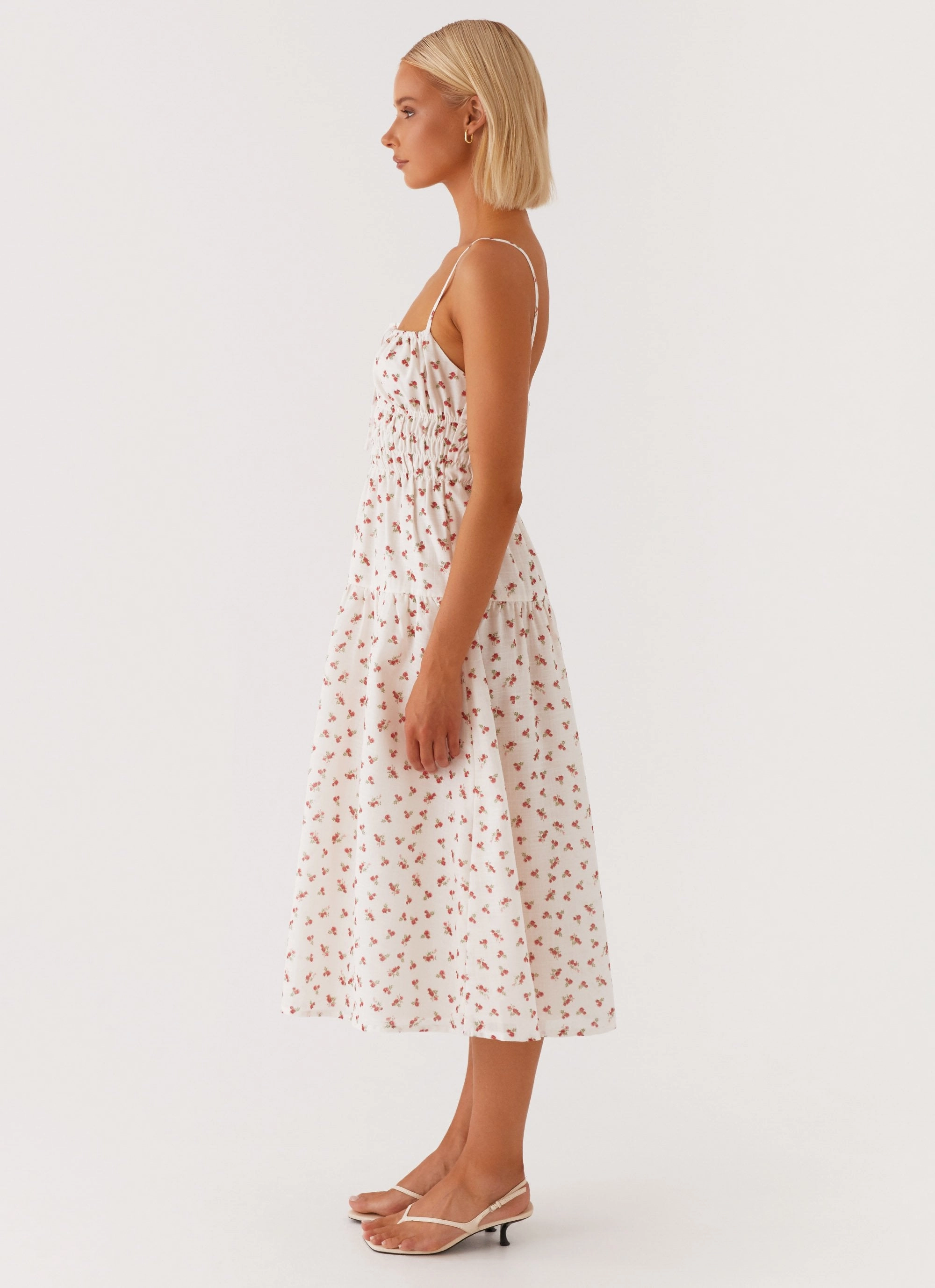 Arla Midi Dress - Red Ditsy Floral Bow Glow Nature Inspired