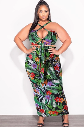 Final Sale Plus Size 2pc Set with Halter Criss Cross Top and Skirt Set in Black Floral Multi Color Print Outdoor Flex Everyday Comfort Wear
