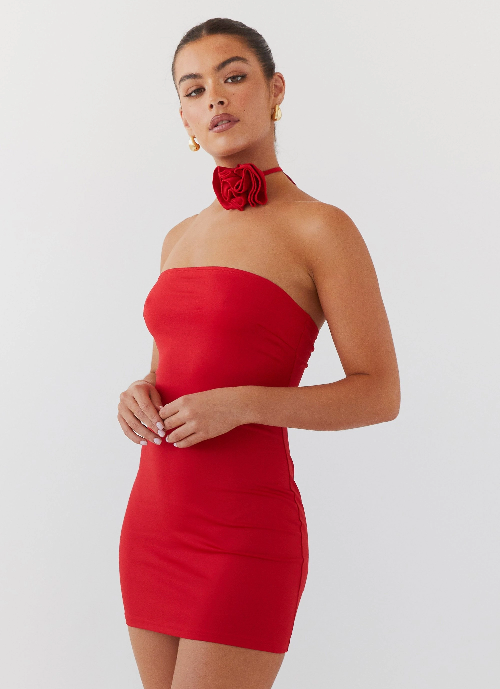 Asymmetrical hem Sophisticated Style Ruby Glamour Rose Mini Dress - Rouge Red