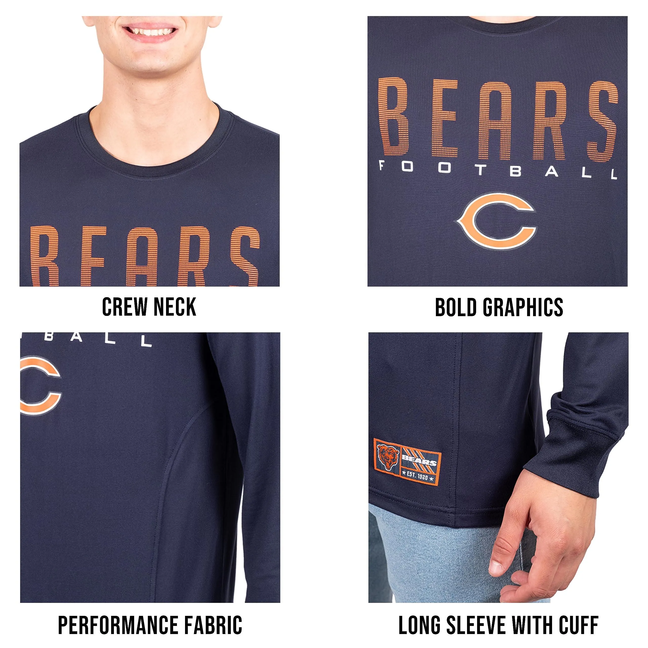 Ultra Game NFL Official Adults Super Soft Game Day Long Sleeve T-Shirt - Unisex, Chicago Bears, Team Color|Chicago Bears