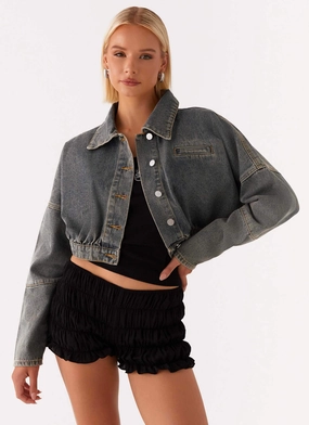 Lilith Boxy Denim Jacket - Vintage Wash Textured Finish Monochrome Look