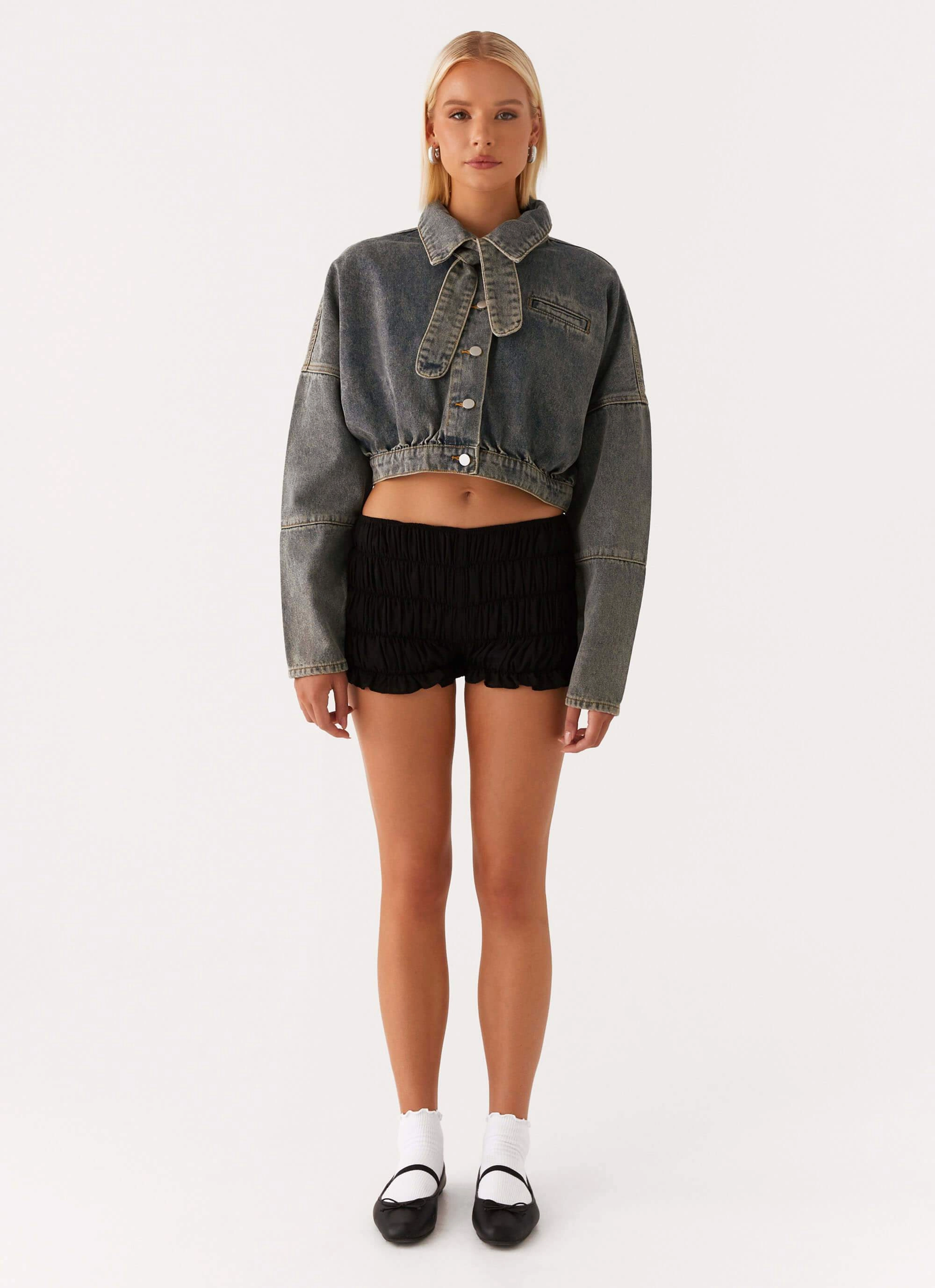 Lilith Boxy Denim Jacket - Vintage Wash Windproof Closure