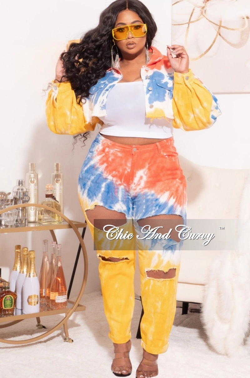 Low Rise Fit Final Sale Plus Size 2pc Set Distressed Denim Jacket & Pants in Mustard, Blue, & Orange Tie Dye