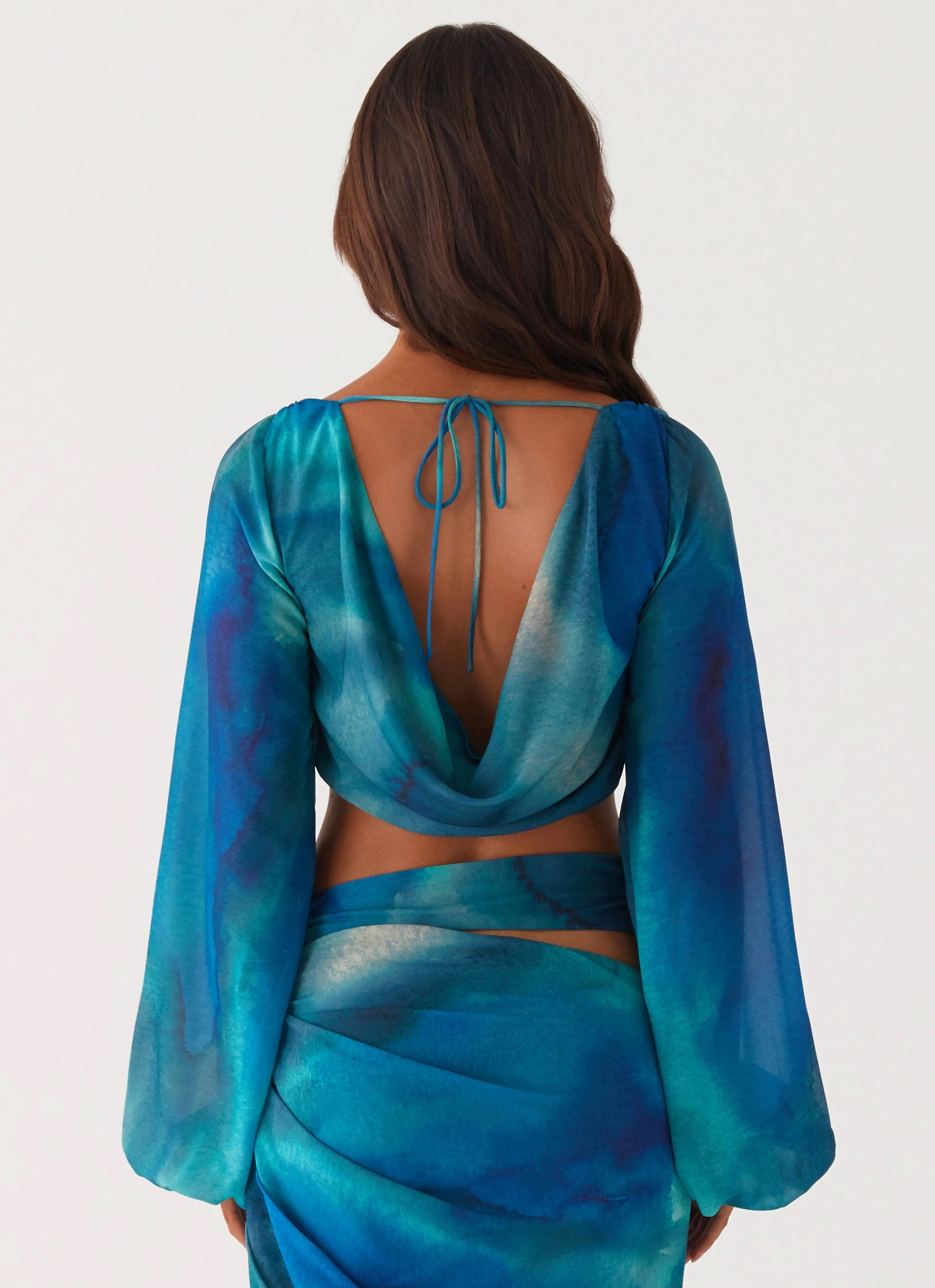DoubleStitchedHem Oversized Collar Austin Long Sleeve Top - Blue Tie Dye