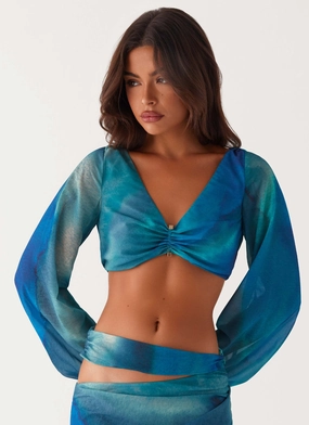 Austin Long Sleeve Top - Blue Tie Dye Stretch Waistband Design AntiPillingFinish