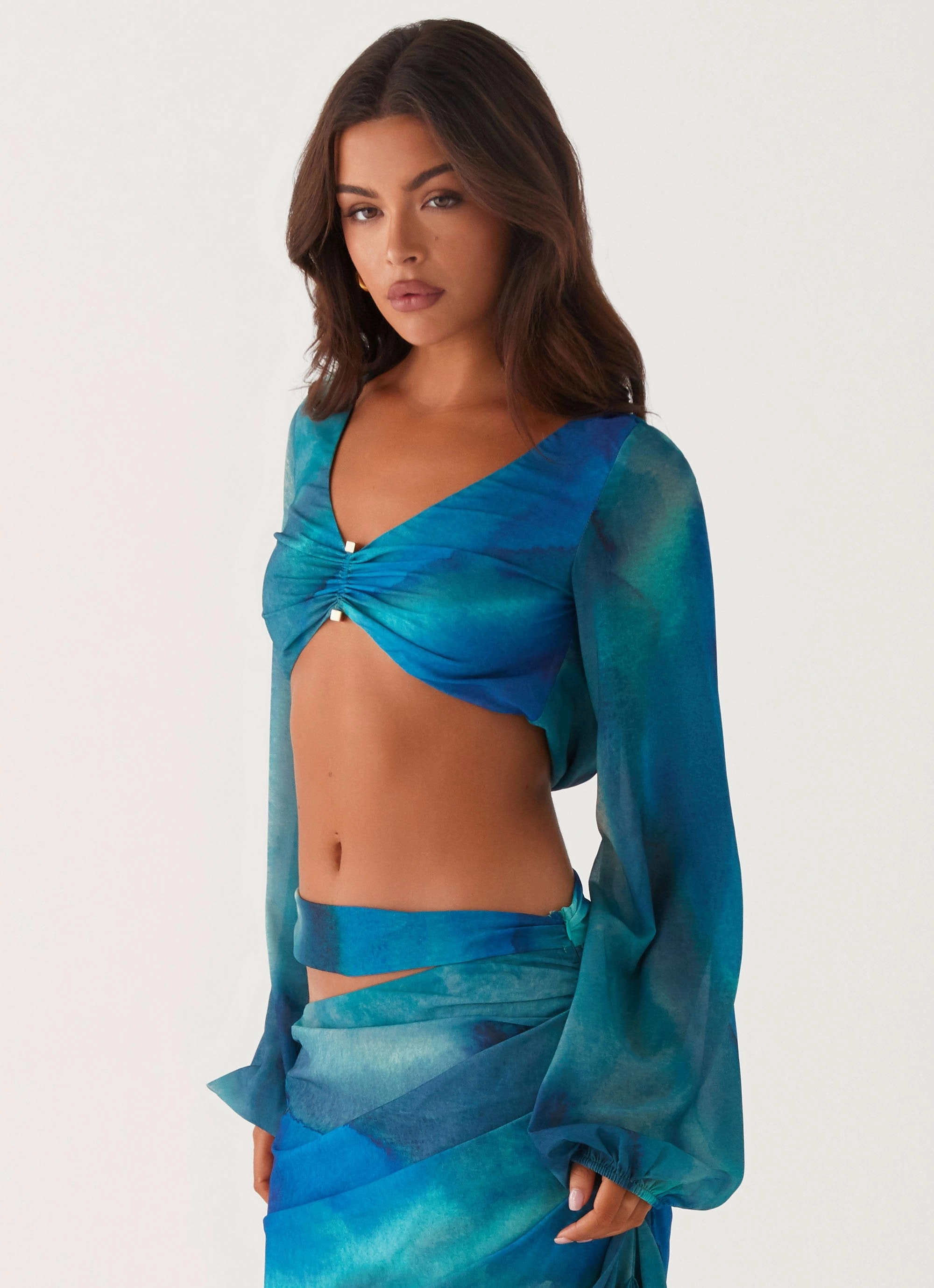 Austin Long Sleeve Top - Blue Tie Dye Ribbed Trims FullCut Shoulder