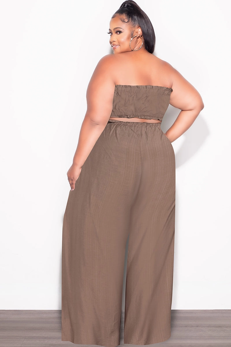 Ripstop Reinforcement Durable Fit Final Sale Plus Size 2pc Strapless Crop Top and Flare Pants Set In Mocha Brown