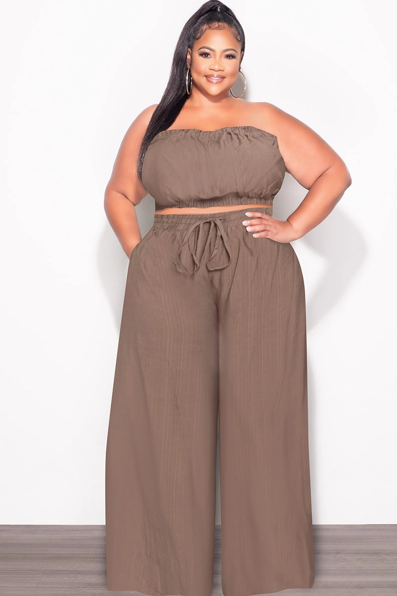 Breathable Wear Fit Final Sale Plus Size 2pc Strapless Crop Top and Flare Pants Set In Mocha Brown