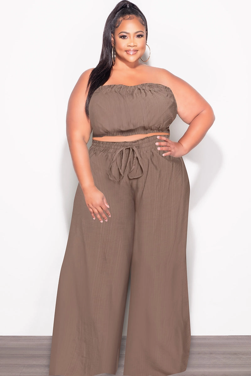 Non Restrictive Cut Quality Fabric Final Sale Plus Size 2pc Strapless Crop Top and Flare Pants Set In Mocha Brown