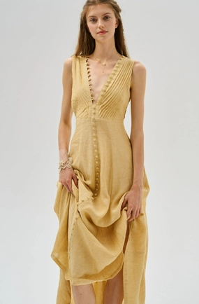 Breathable fabric Versatile Layering Rebecca 18 | Pleated Maxi Linen Dress