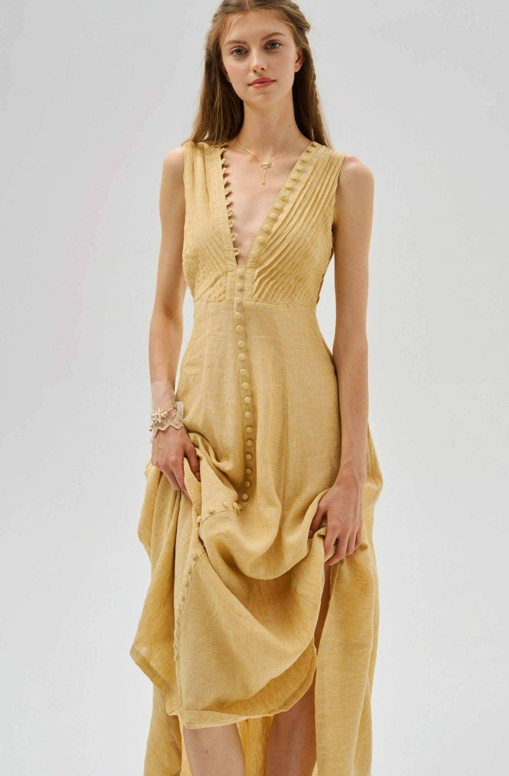 Breathable fabric Versatile Layering Rebecca 18 | Pleated Maxi Linen Dress