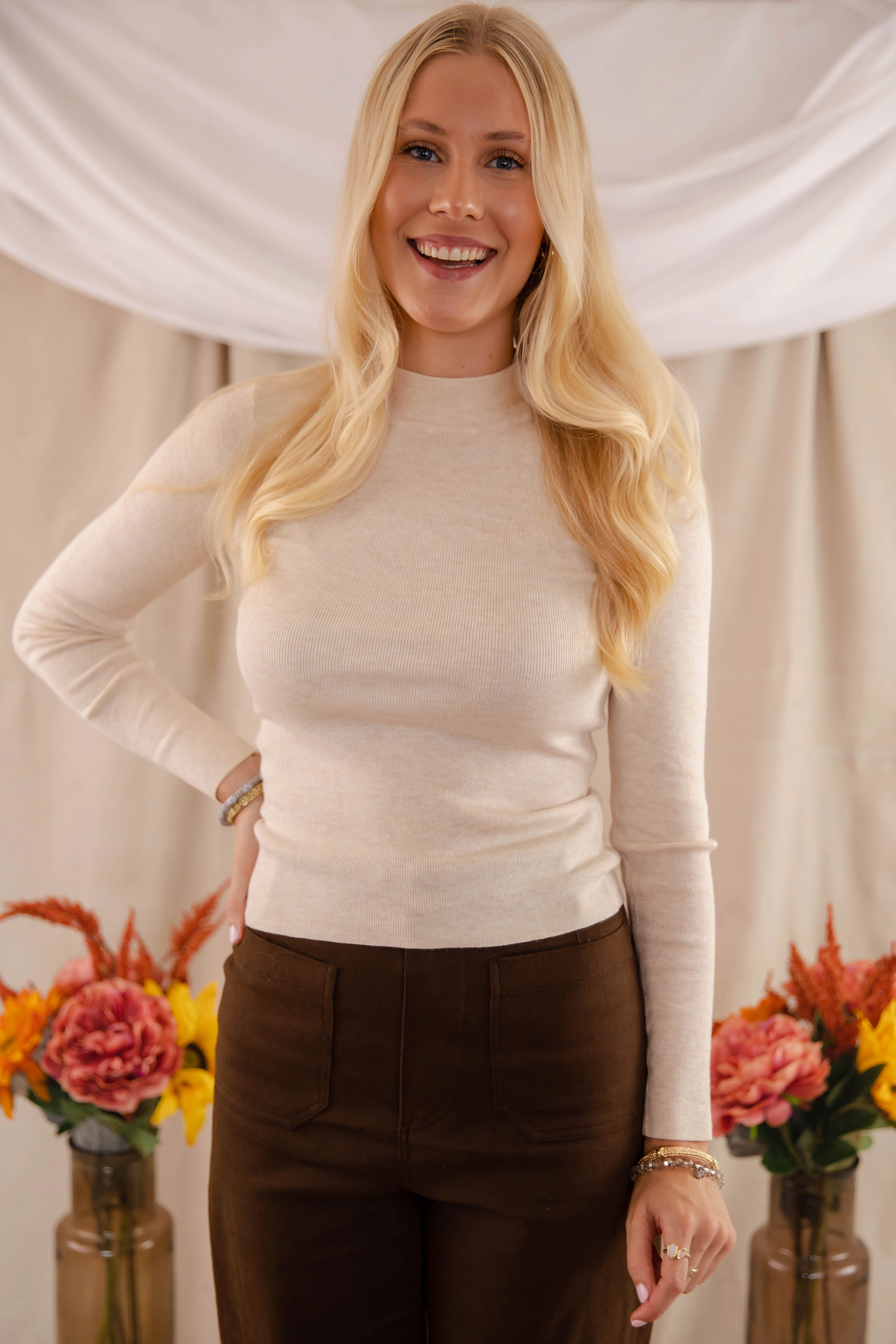 Tubular Body Construction Underneath This Persona Ribbed Top-Cream