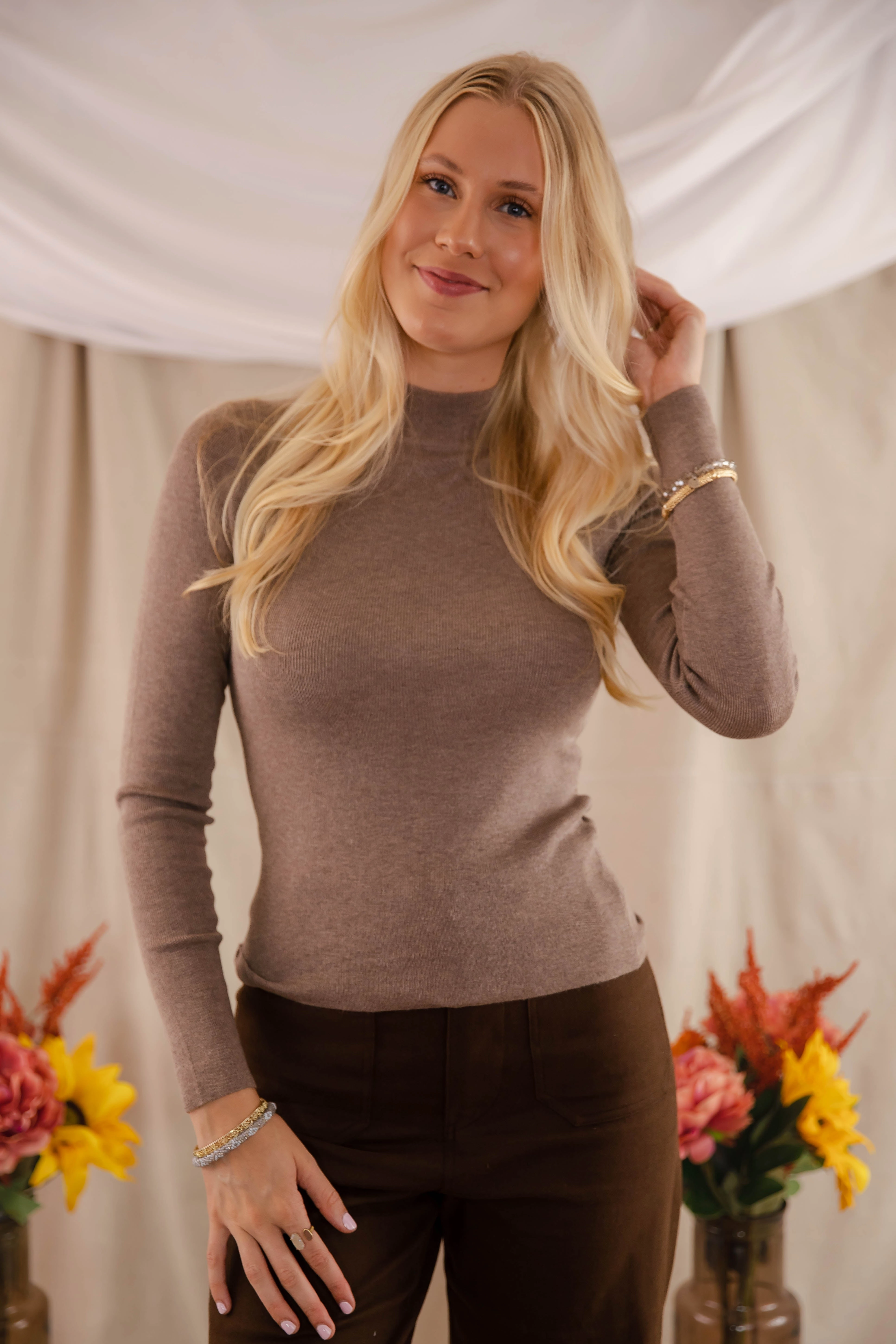 Reflective Trims Underneath This Persona Ribbed Top-Mocha