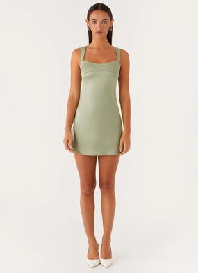 Vibrant Spirit DeepPocketStyle Odette Satin Mini Dress - Sage