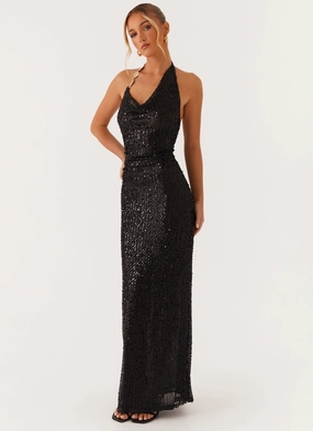 After Tonight Sequin Cowl Neck Maxi Dress - Black Soft Drape