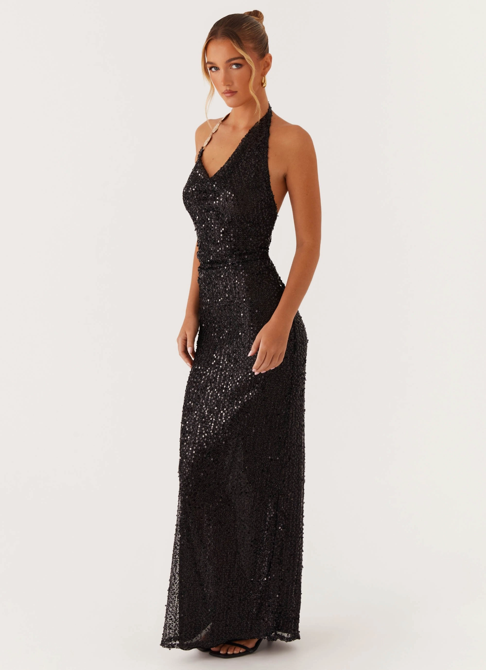 After Tonight Sequin Cowl Neck Maxi Dress - Black Work or Casual Cool Simplicity