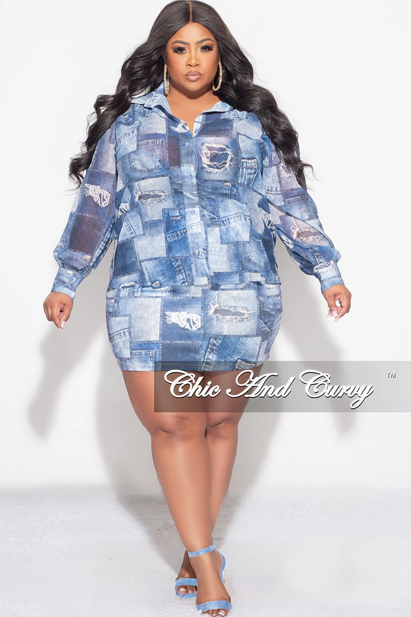 ErgonomicArticulatedDesign Final Sale Plus Size 2pc Chiffon Collar Button Up Top And Skirt Set in Denim Print