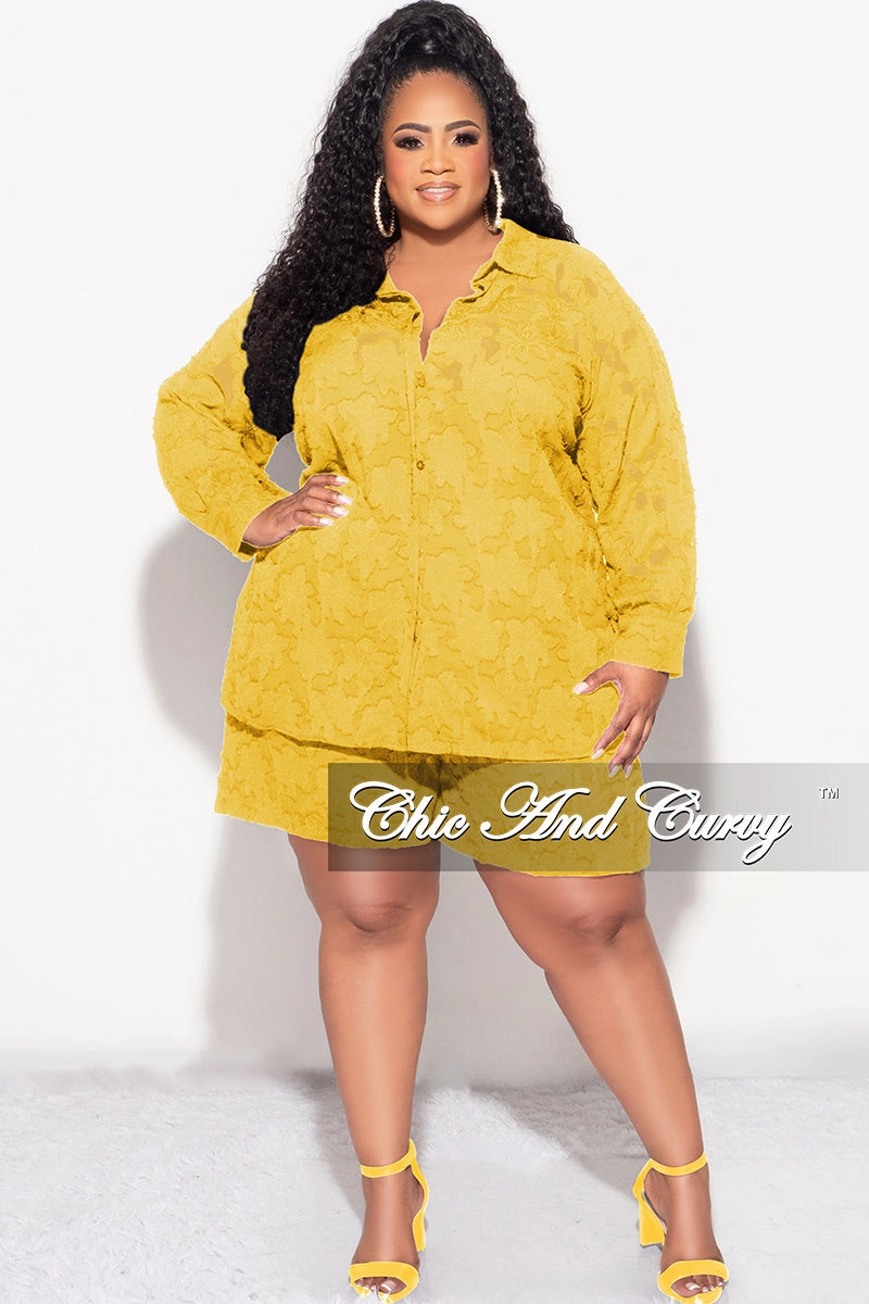 Final Sale Plus Size 2pc Collar Button Up Top And Short Set In Mustard Abrasion Resistant Surface Comfortable Style
