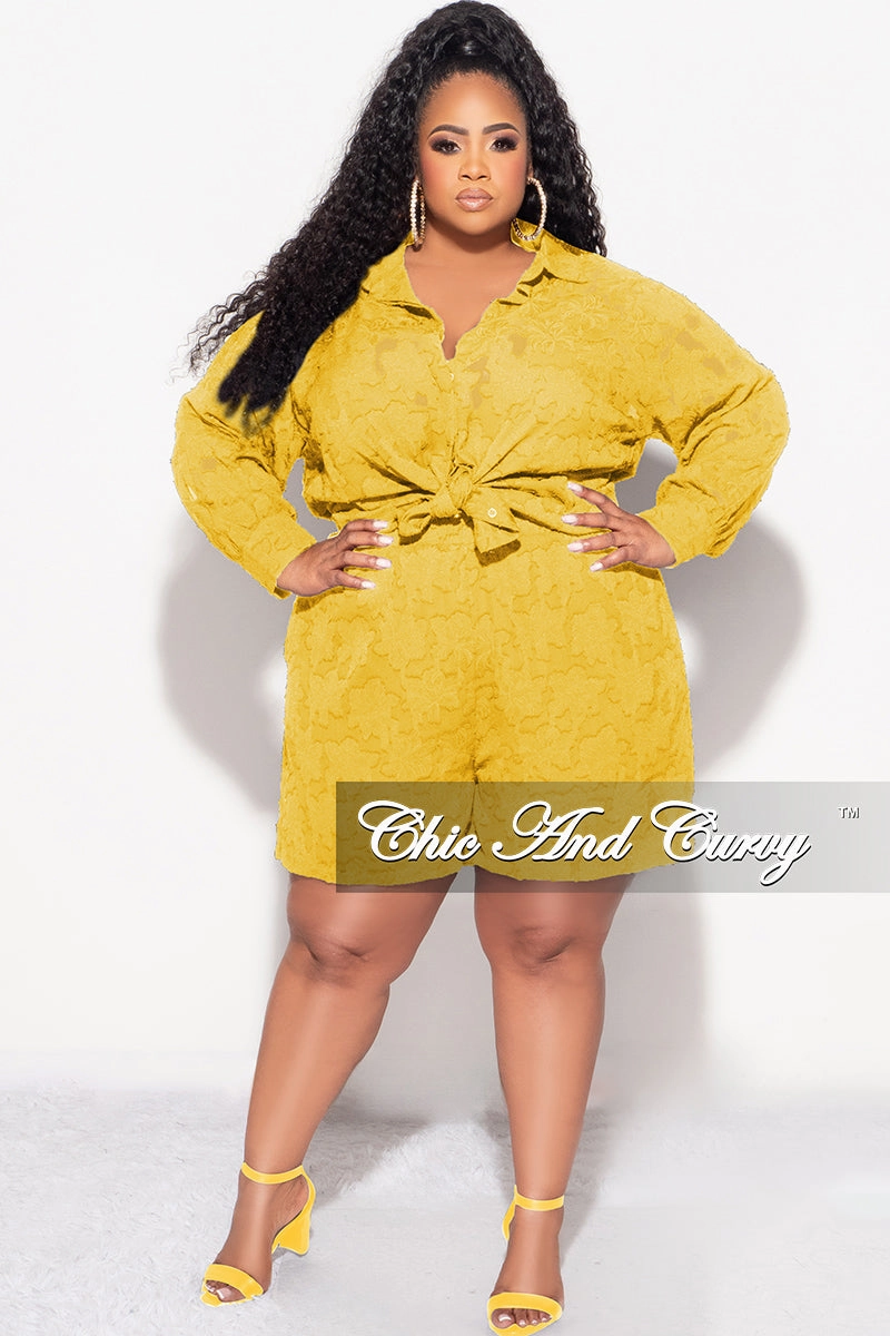 Light Reflective Details Final Sale Plus Size 2pc Collar Button Up Top And Short Set In Mustard